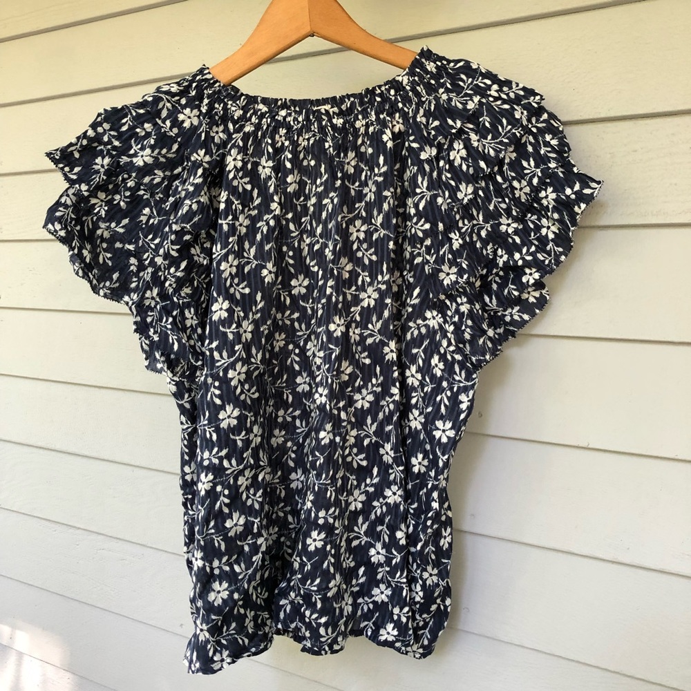 Ulla Johnson Blouse Blue Floral Off Shoulder US 10 Leoda - Picture 2 of 9